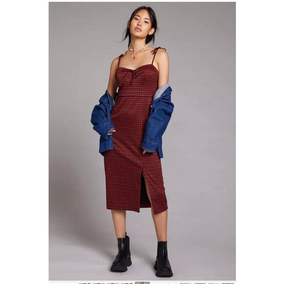 New Anthropologie by Hutch Plaid Midi Dress $198 MEDIUM Red Side Slit Zip Back - Picture 2 of 3